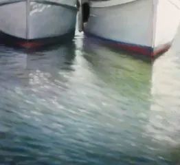Painting by Dan Villiers of two white boats with red and blue trim are reflected in rippling water.