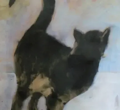 Black cat, standing, tail up.  Light fur on underbelly, against a blurry background. Encaustic painting by Dan Villiers