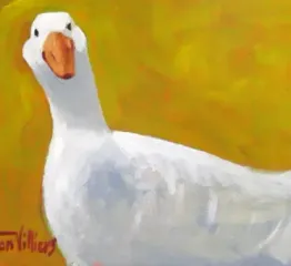 White goose with an orange beak and a curious expression against a yellow background. Acrylic painting by Dan Villiers