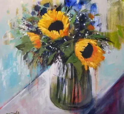 Sunflowers in a glass vase on a table, painted with thick brushstrokes, bright yellows, greens, blues by Dan Villiers