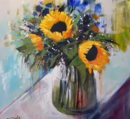 Acrylic painting by Dan Villiers of Sunflowers in a vase on a table. 