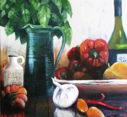 Still life  acrylic painting by Dan Villiers with peppers, garlic, basil, and a wine bottle. 