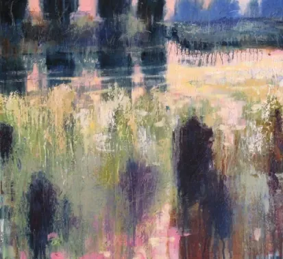 Dan Villiers abstract painting of a landscape, with soft brushstrokes of pink, yellow, green, and dark purple.
