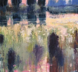 Abstract pastel landscape by Dan Villiers. Grassy field with blurred figures. Reflective water, pink sky, and dark trees.