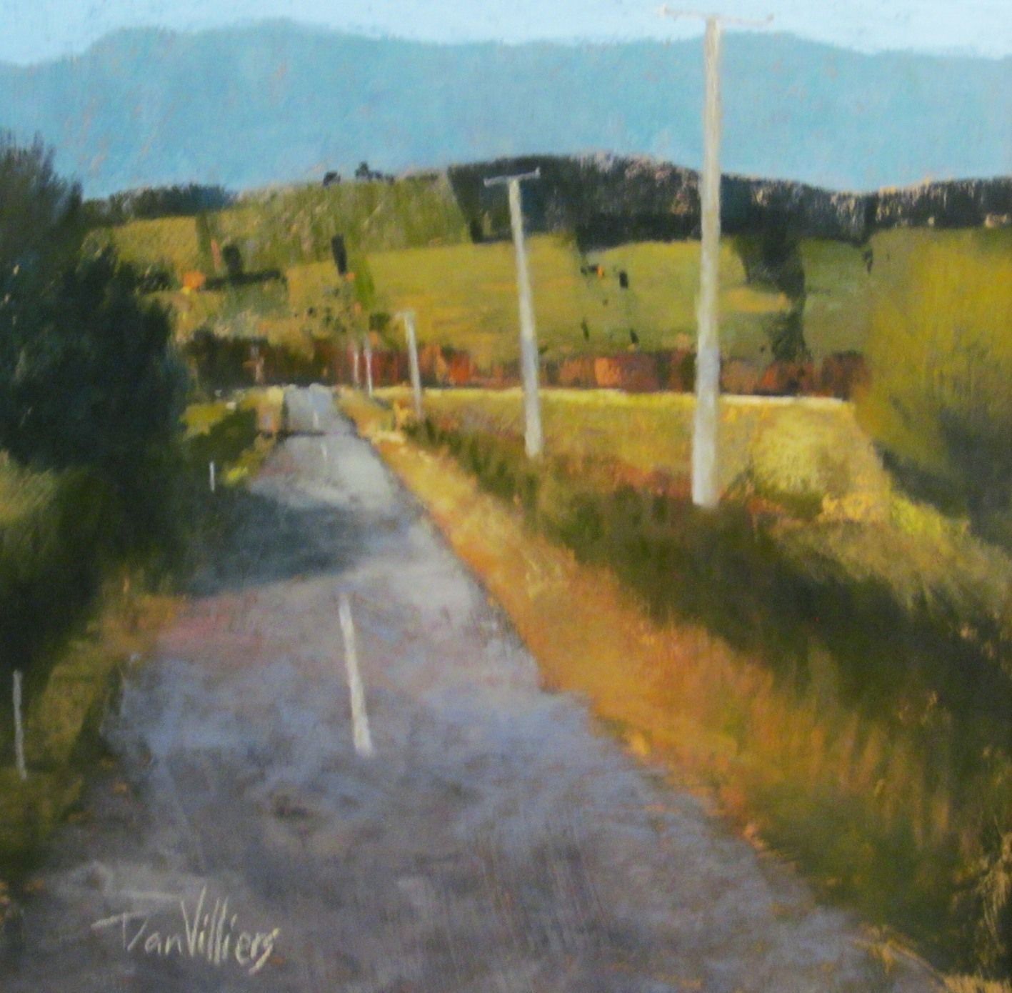 Road through a rural landscape with rolling hills and power lines, painted in soft greens and yellows by Dan Villiers