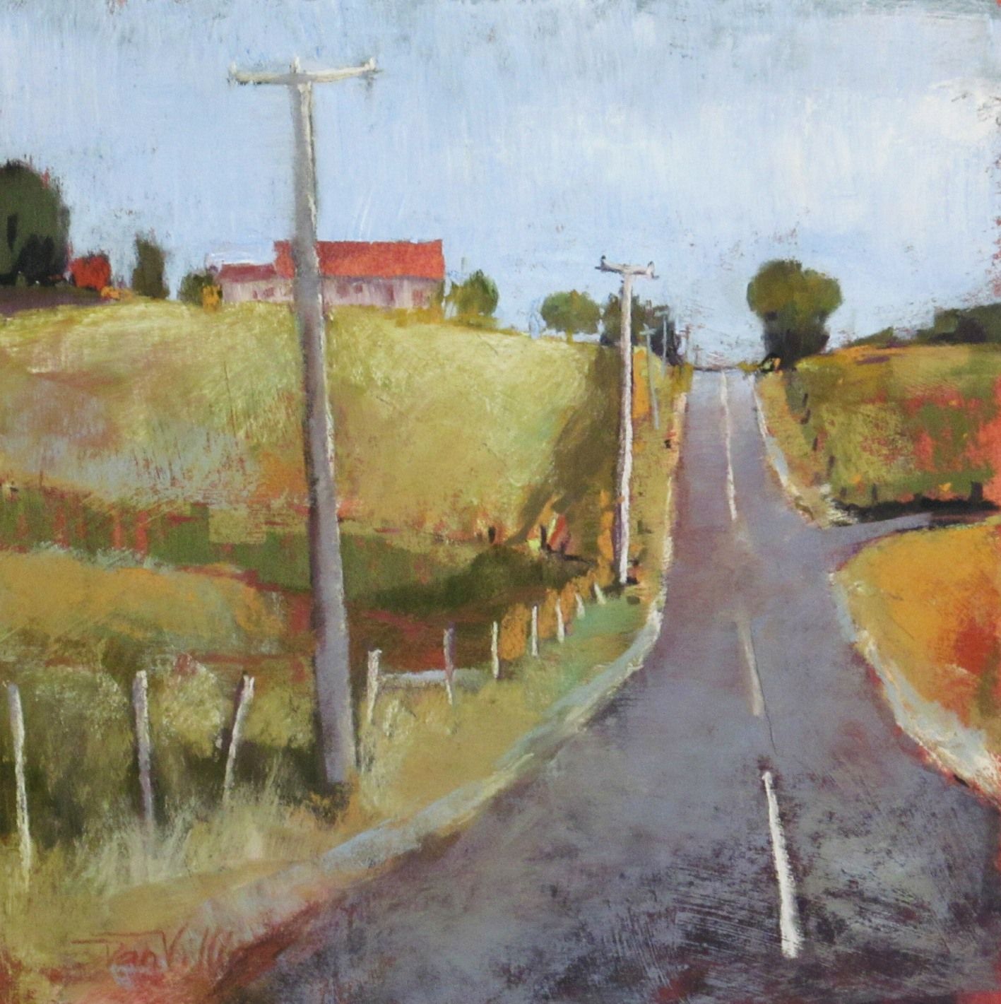 Pastel Painting by Dan Villiers. Road winds past fields, power lines lead to a distant building in Northern Tasmania