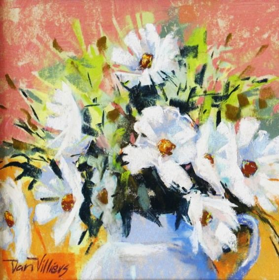 White daisies in a blue vase against a peach background, pastel painting by Dan Villiers.