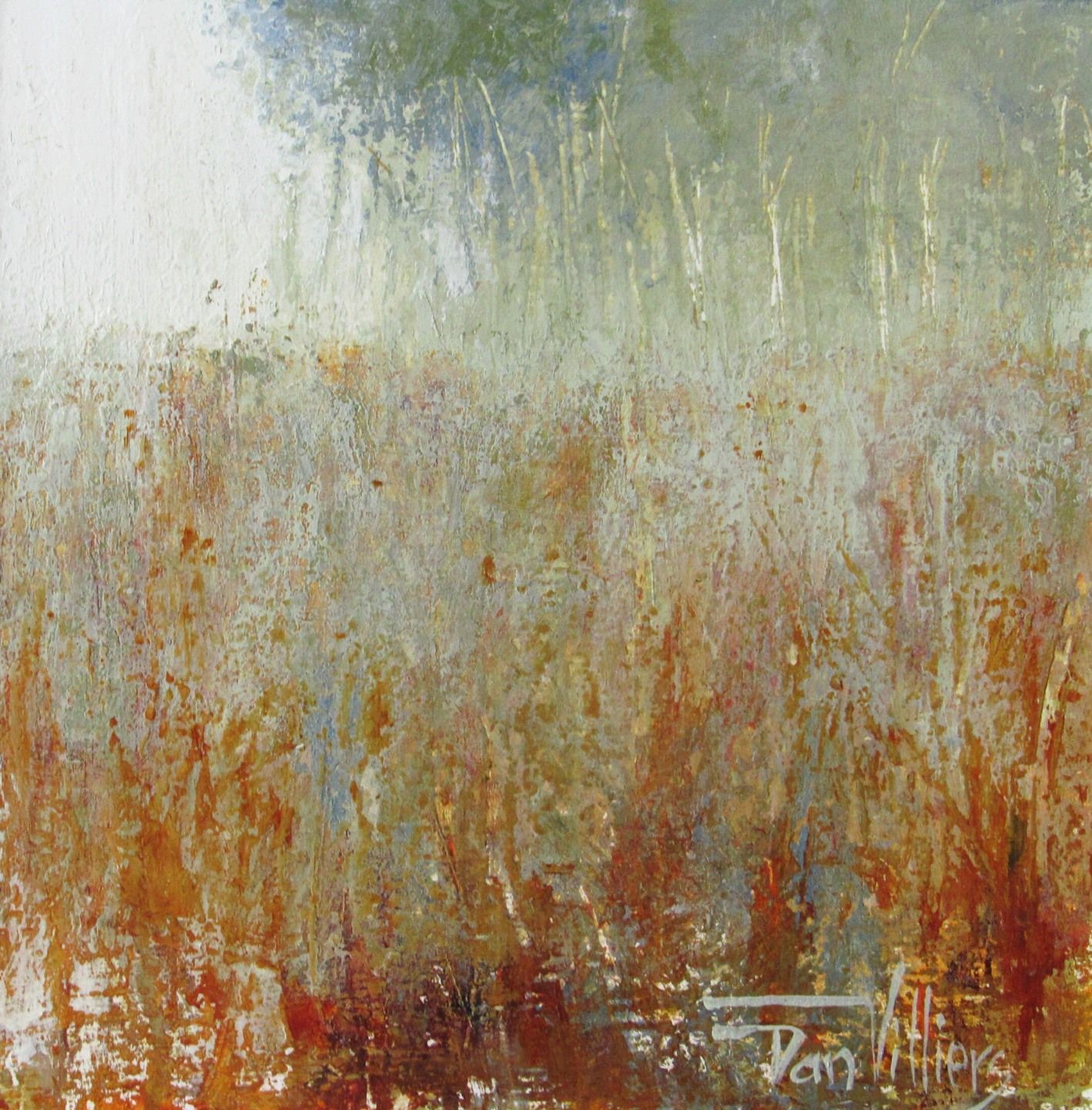 Grassy field in warm tones with vertical white and green patches, painting signed 