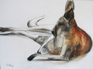 A relaxed kangaroo, resting on a white surface; reddish-brown fur, gray-white limbs. Acrylic painting by Dan Villiers
