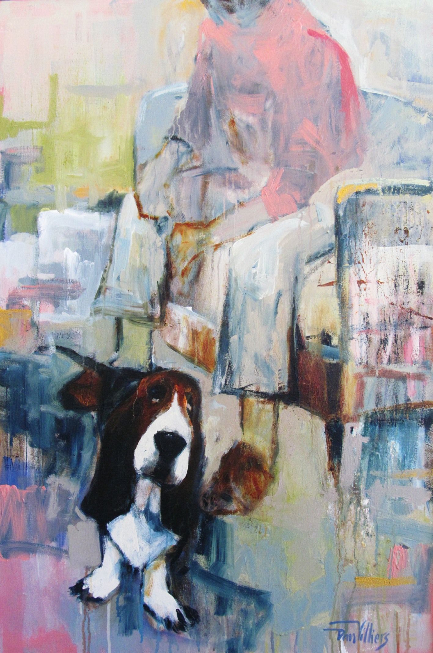Basset hound sits at feet of person in light clothing. Acrylic painting by Dan Villiers