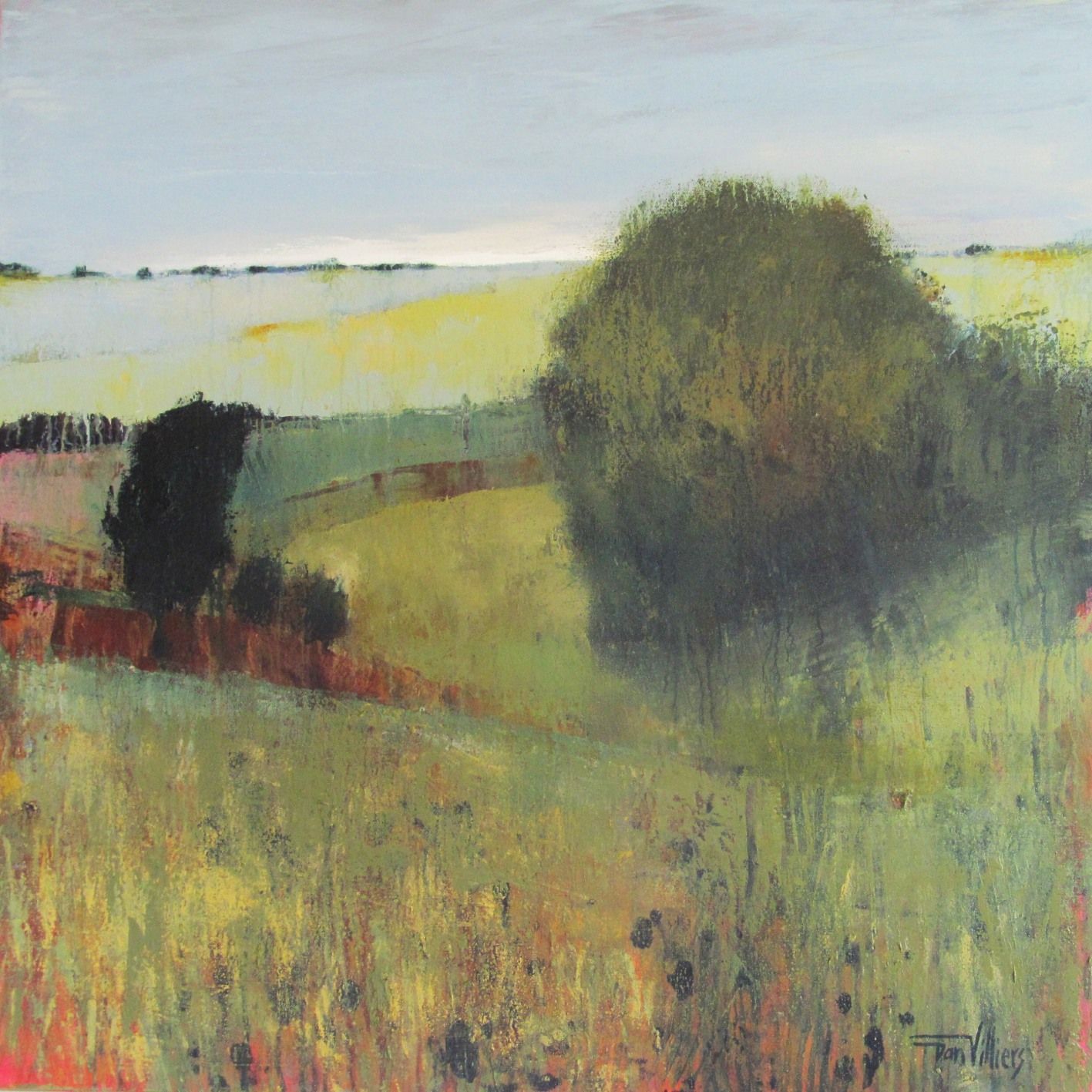 Rolling green landscape with trees under a cloudy sky; fields in yellow and brown hues. Painted by Dan Villiers