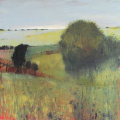 Painting by Dan Villiers of rolling green landscape with trees, fields, and a cloudy sky.