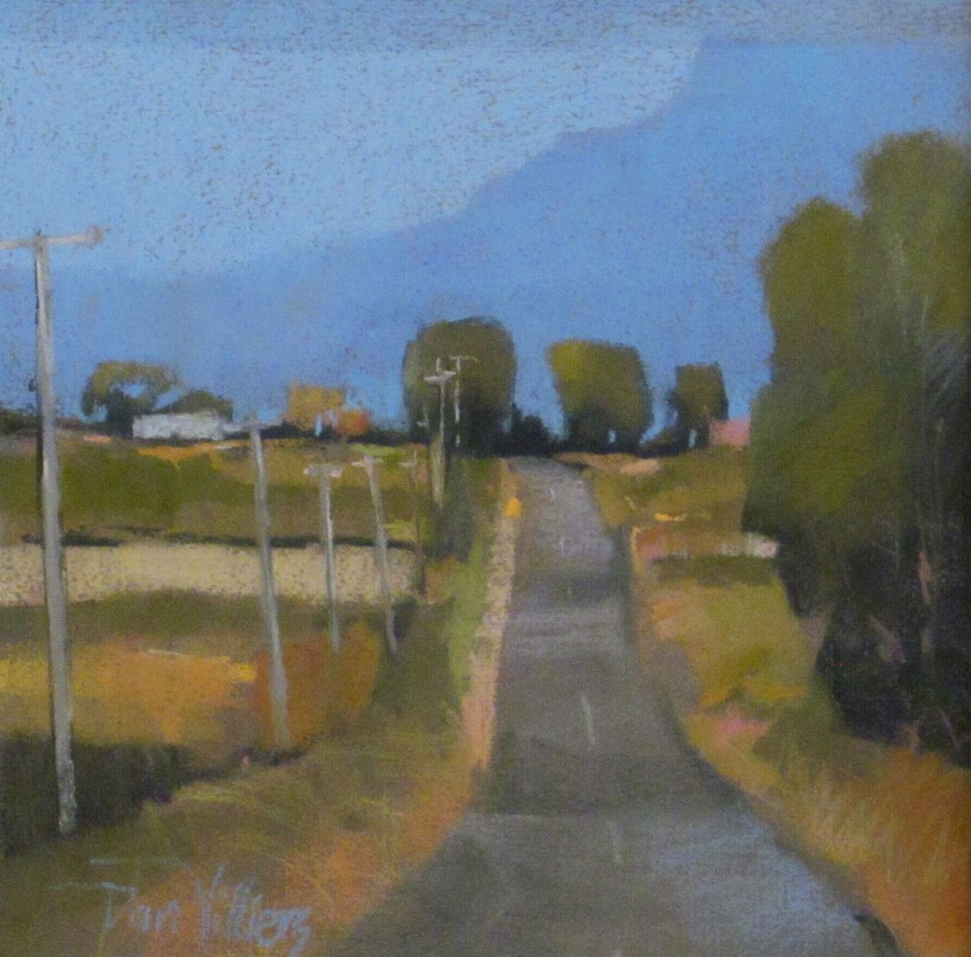 A pastel painting by Dan Villiers of a road leading to a mountain under a blue sky; trees and power poles line the road.