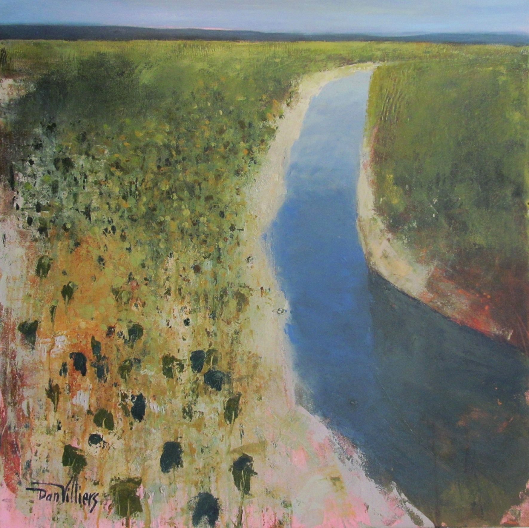 River winding through a green field under a pale sky; textured brushstrokes and vibrant colors painted by Dan Villiers.