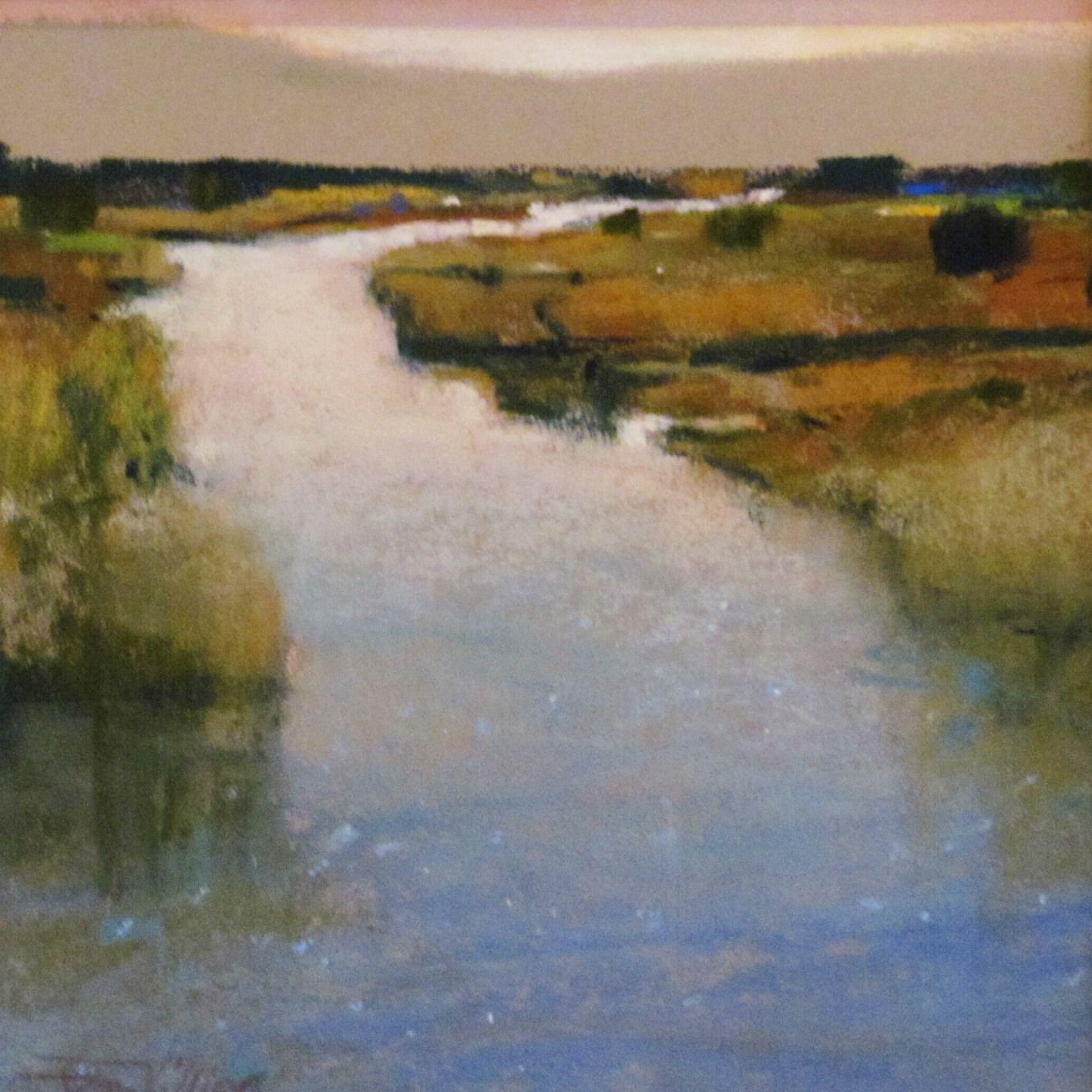 A meandering river flows through a golden marsh under a soft pink sky. Pastel painting by Dan Villiers