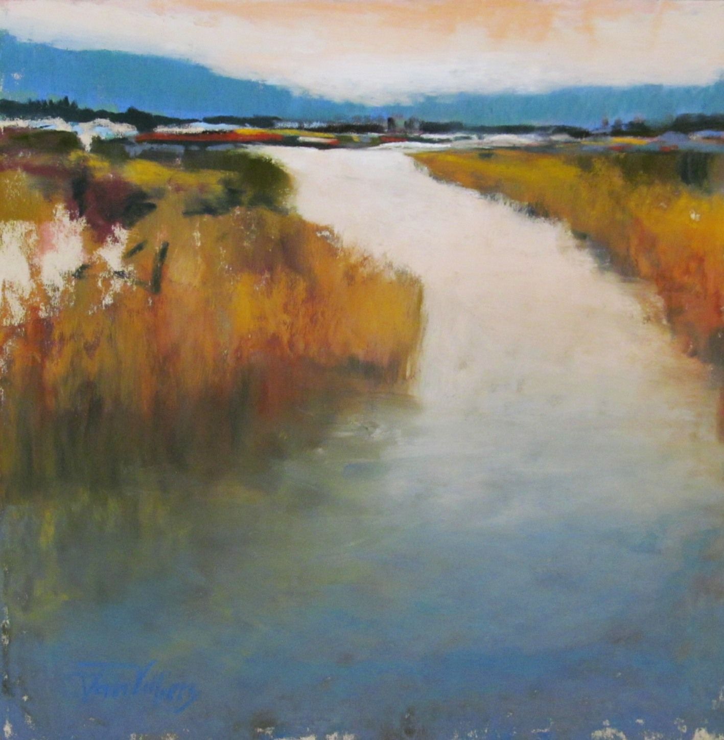 River flowing through tall grasses with mountains in background. Painted by Dan Villiers in pastel medium.