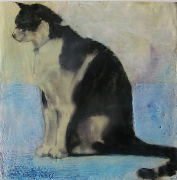 Black and white cat sitting, painterly style. Encaustic painting by Dan Villiers