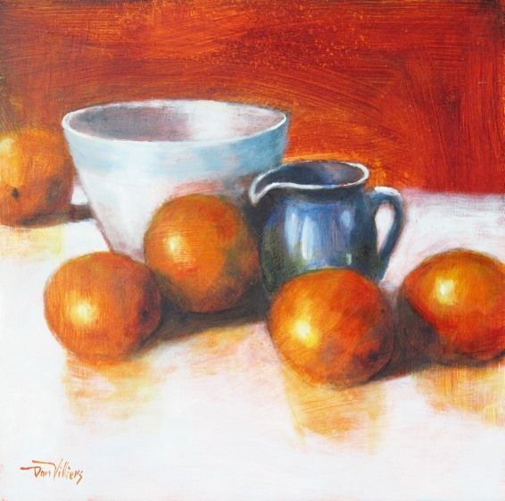 Still life painted by Dan Villiers: oranges, blue bowl and pitcher on a white cloth, against a red background.