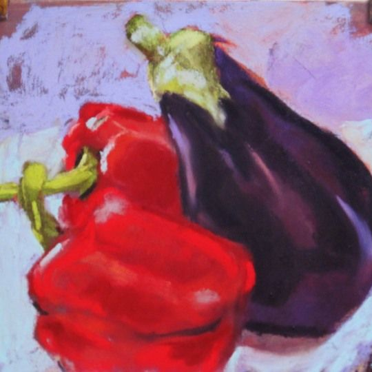 Red pepper and purple eggplant, pastel painting by Dan Villiers