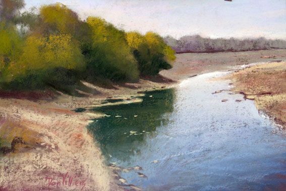 A serene river flows through a landscape. Pastel painting by Dan Villiers