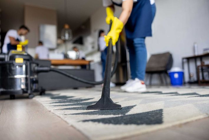 A woman is using a vacuum cleaner to clean a rug in a living room — Eagle, ID — Cozmic Cleaning Carpets and More