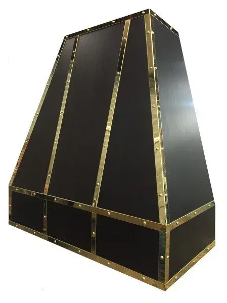 A black and gold hood with brass trim on a white background