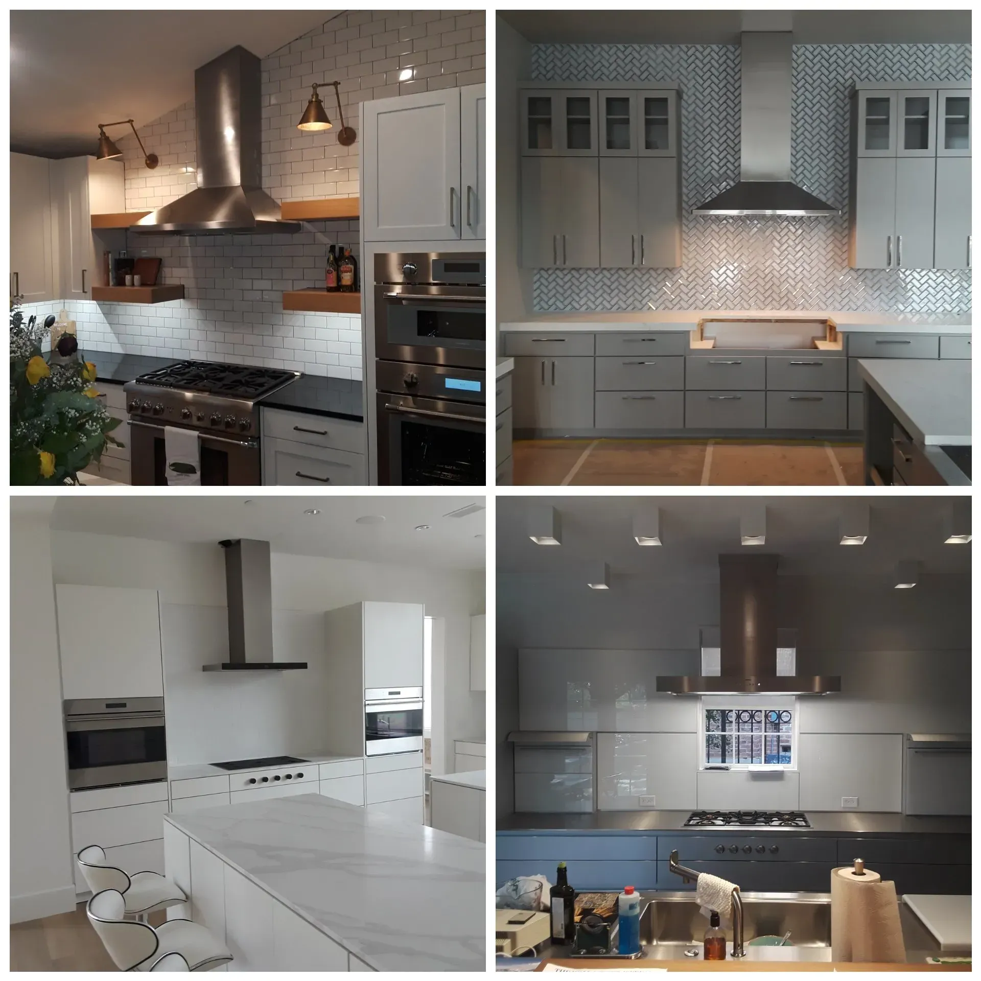 A collage of four pictures of kitchens with stainless steel appliances