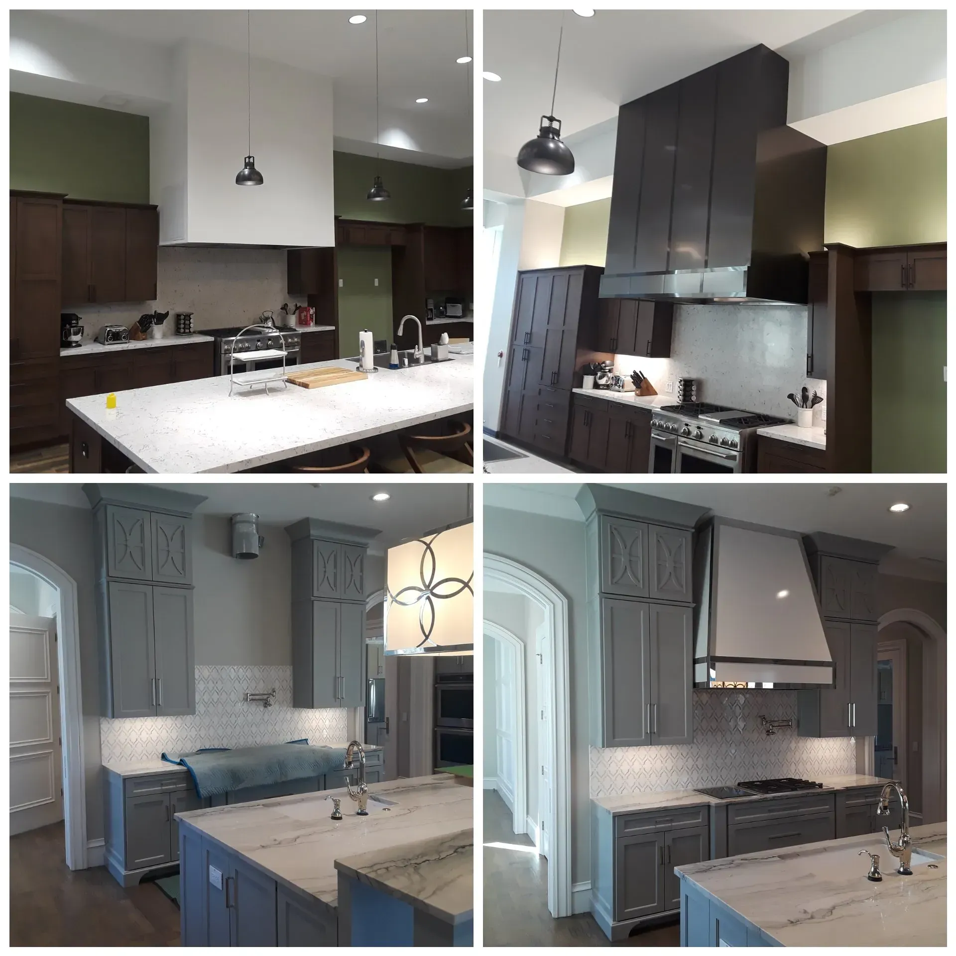 A collage of four pictures of a kitchen with a large island