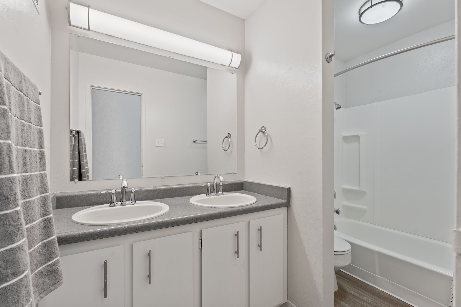 Bathroom with a double sink vanity and a bathtub/shower combo; gray and white tones.