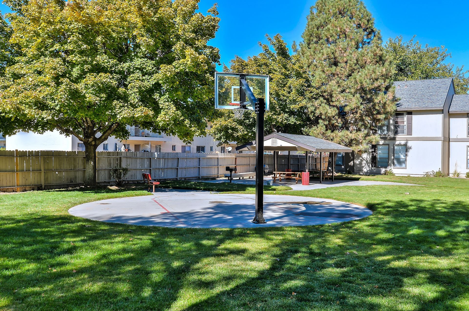 A basketball hoop is in the middle of a lush green field The Park at Idlewild. 