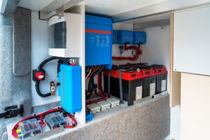 A van's electrical system, showing batteries, inverters, and wiring, all contained within a compartment.