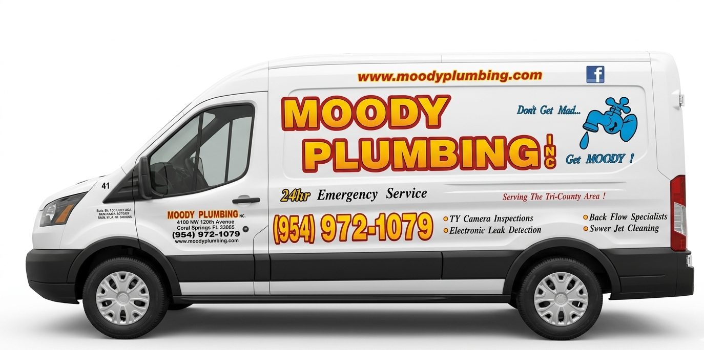 Moody Plumbing van with orange logo and contact number, shown in profile on a white background