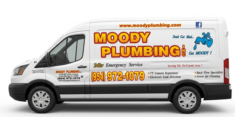 Moody Plumbing van with orange logo and contact number, shown in profile on a white background
