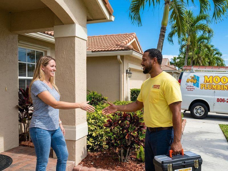 A homeowner shakes hands with a plumber carrying a tool box in front of a house, with a service van parked nearby.