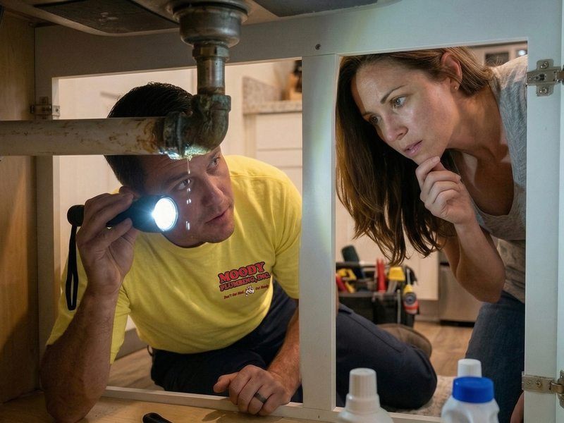 A professional in a yellow shirt shines a flashlight on a leaking pipe under a sink while a person looks on with concern.