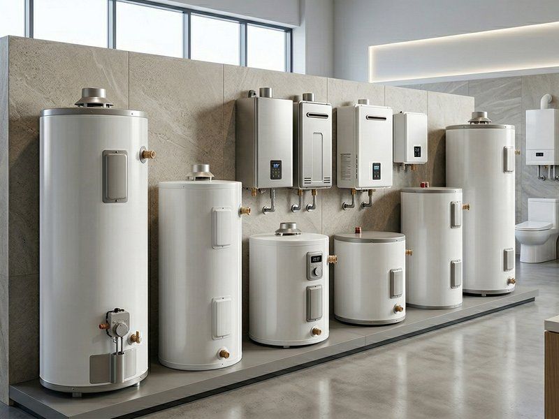 A showroom display of various white residential water heaters, including tall tanks and wall-mounted tankless units.