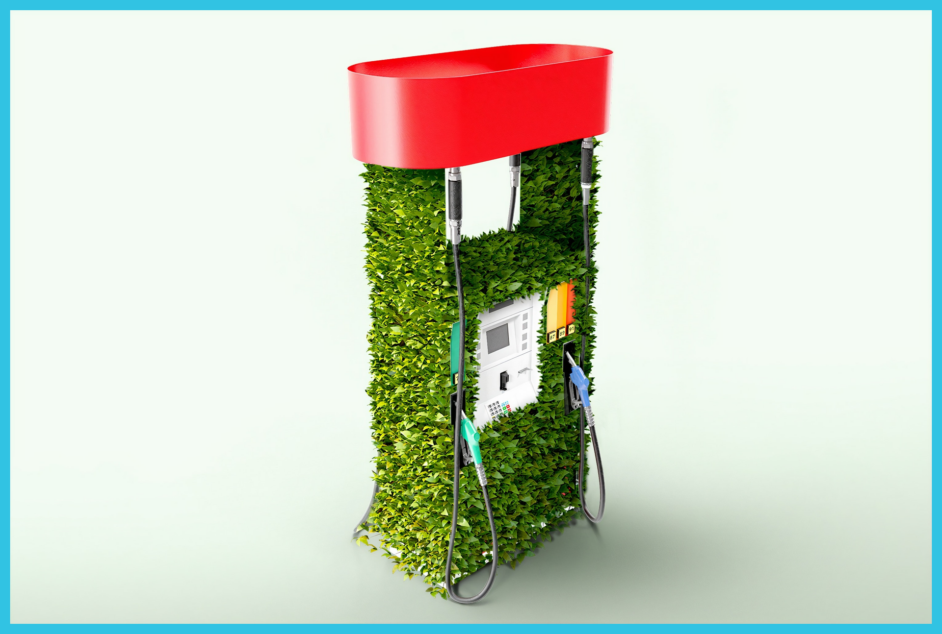 A gas pump is covered in green plants and has a red top.