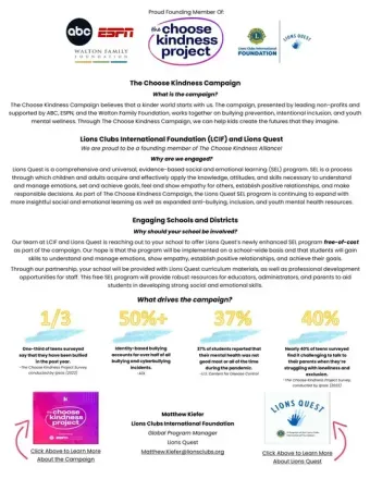 Choose Kindness Campaign: promoting kindness. ABC, ESPN, Lions Quest logos with stats and initiative details.