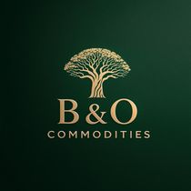 A logo for b & o commodities with a tree on a green background