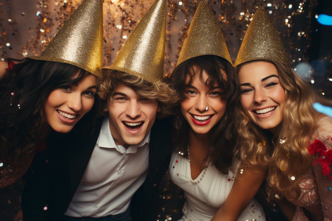 Four friends in gold party hats smiling at a festive celebration with confetti and warm lights