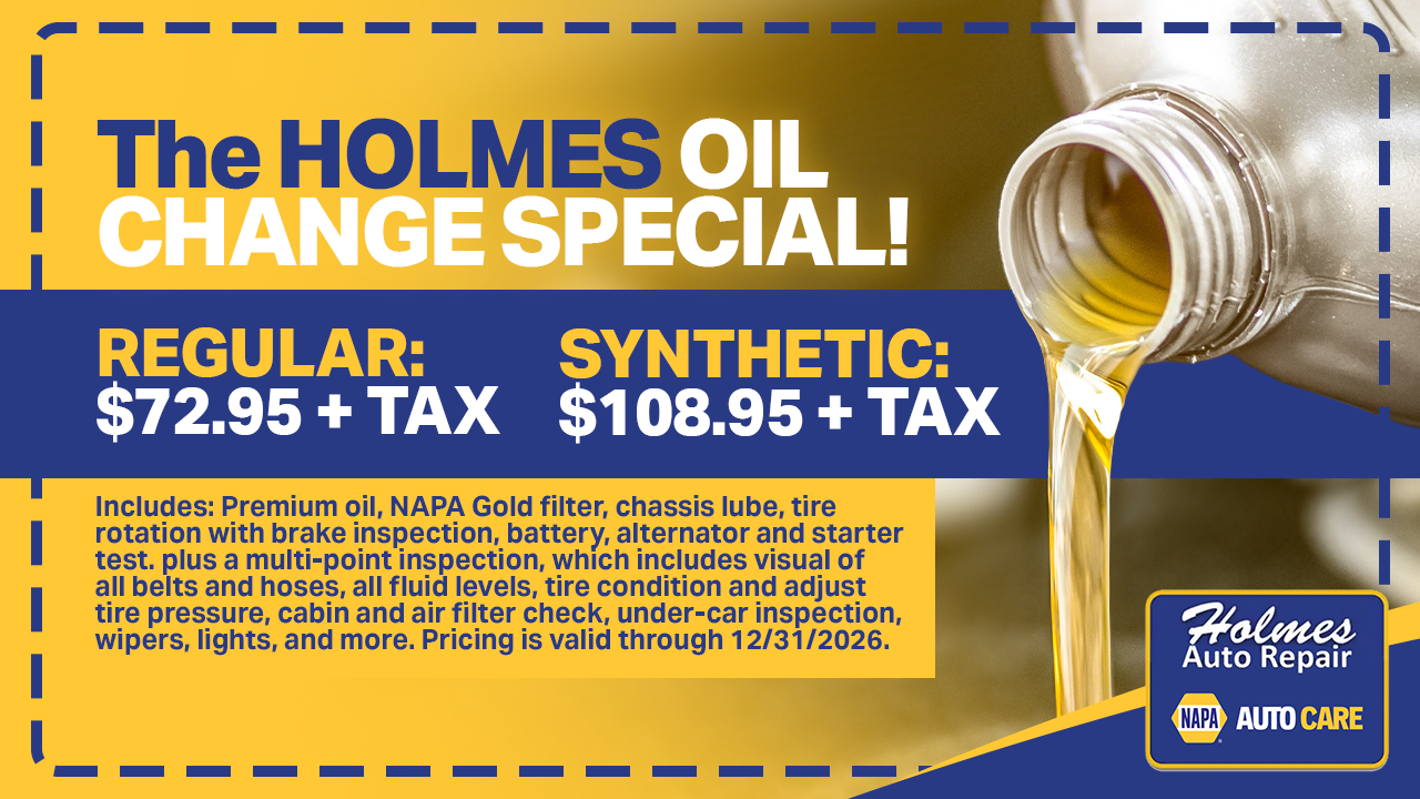 An oil change special ad for Holmes Auto Repair with pricing for regular ($72.95) and synthetic ($108.95) oil services.