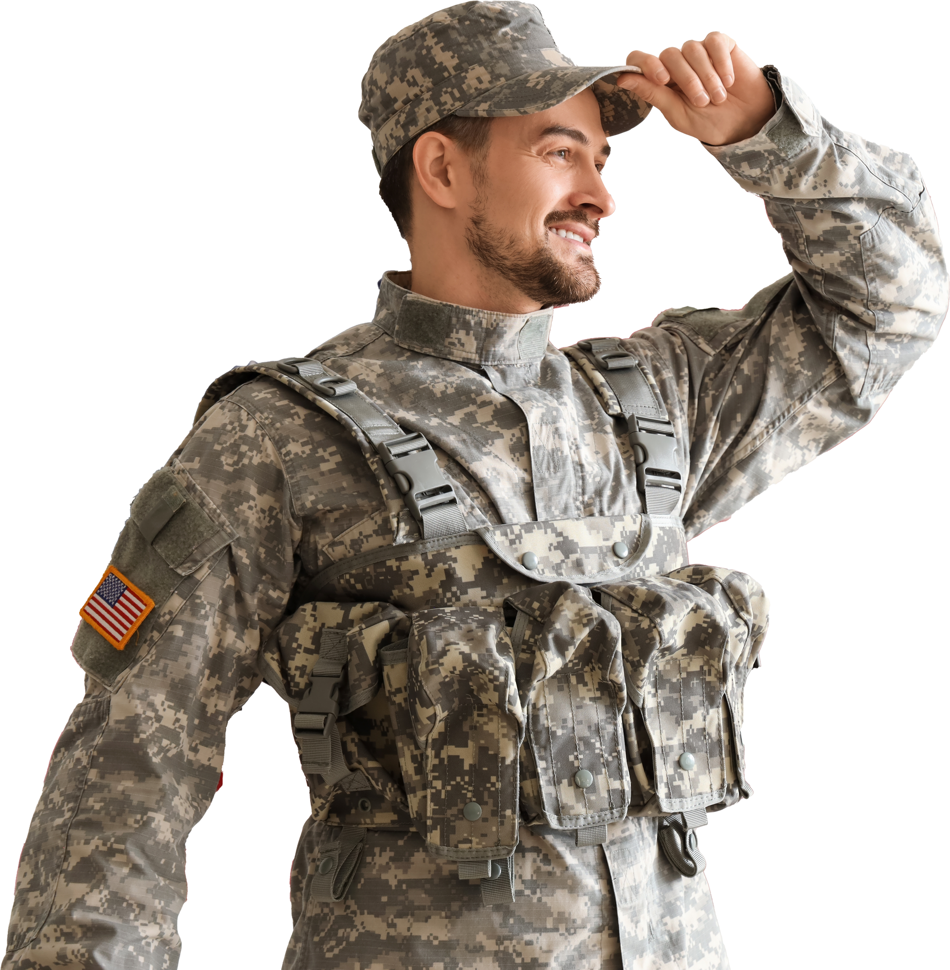 Soldier in camouflage with a German Shepherd dog overlooking a body of water. Sunny day.