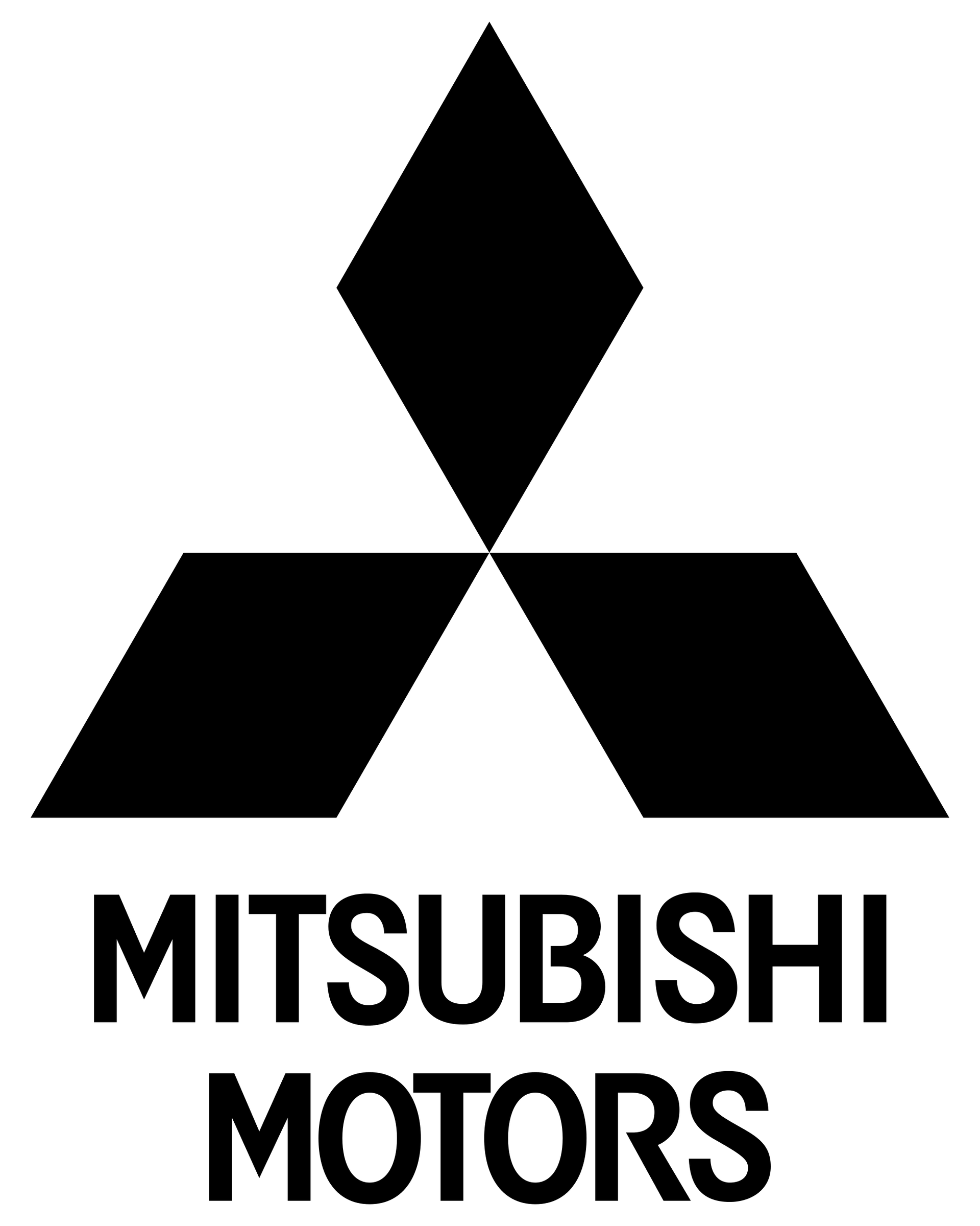 Logo della Mitsubishi Motors con tre diamanti neri sopra il nome dell'azienda.