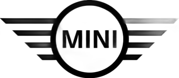Logo MINI con emblema circolare nero e strisce alate su sfondo bianco