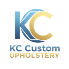 Logo for KC Custom Upholstery: Blue "KC" within a circle, gold "C", company name in blue and gold below.