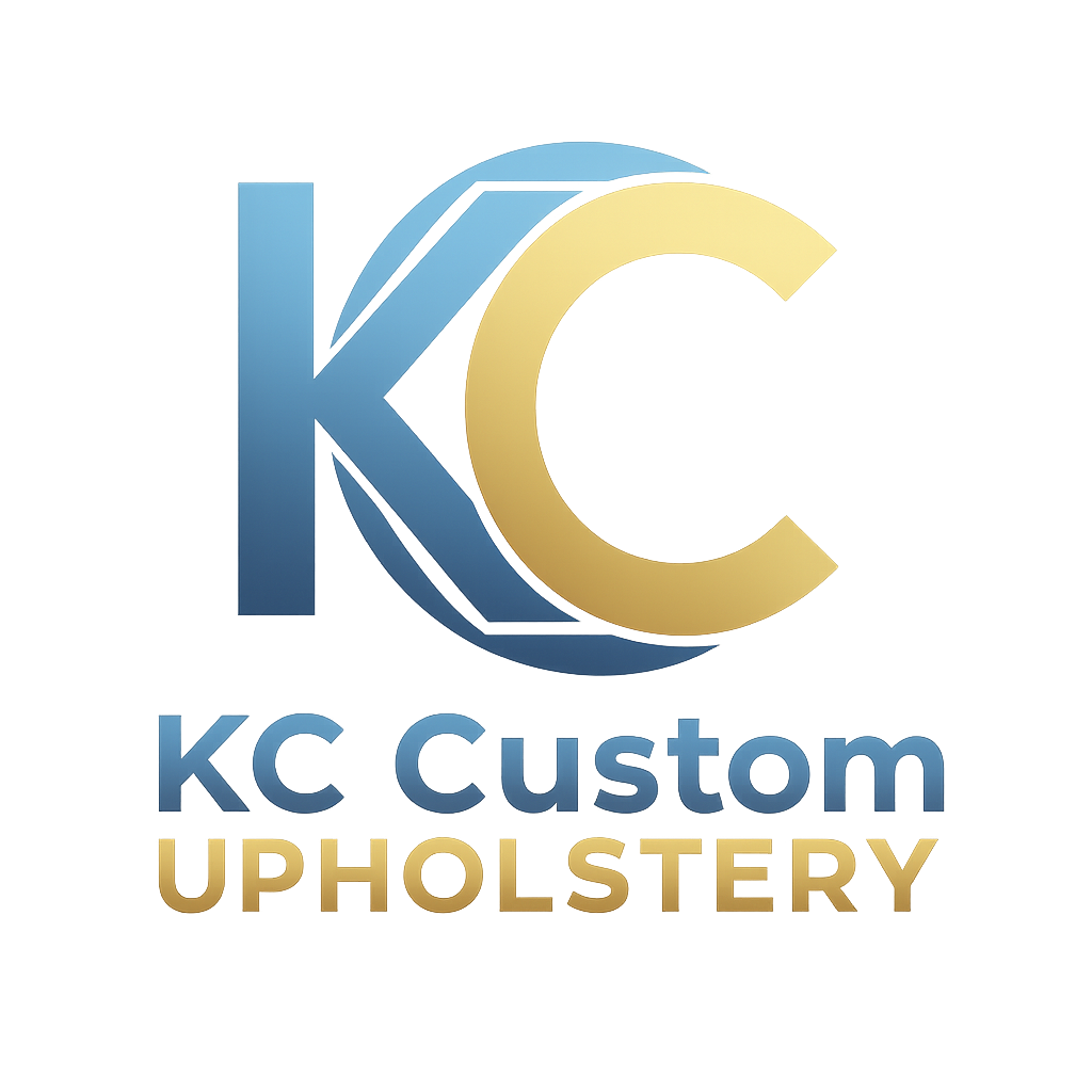 Logo for KC Custom Upholstery: Blue "KC" within a circle, gold "C", company name in blue and gold below.