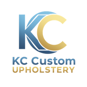 Logo for KC Custom Upholstery: Blue "KC" within a circle, gold "C", company name in blue and gold below.