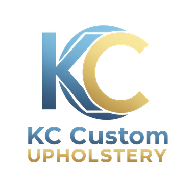 Logo for KC Custom Upholstery: Blue "KC" within a circle, gold "C", company name in blue and gold below.
