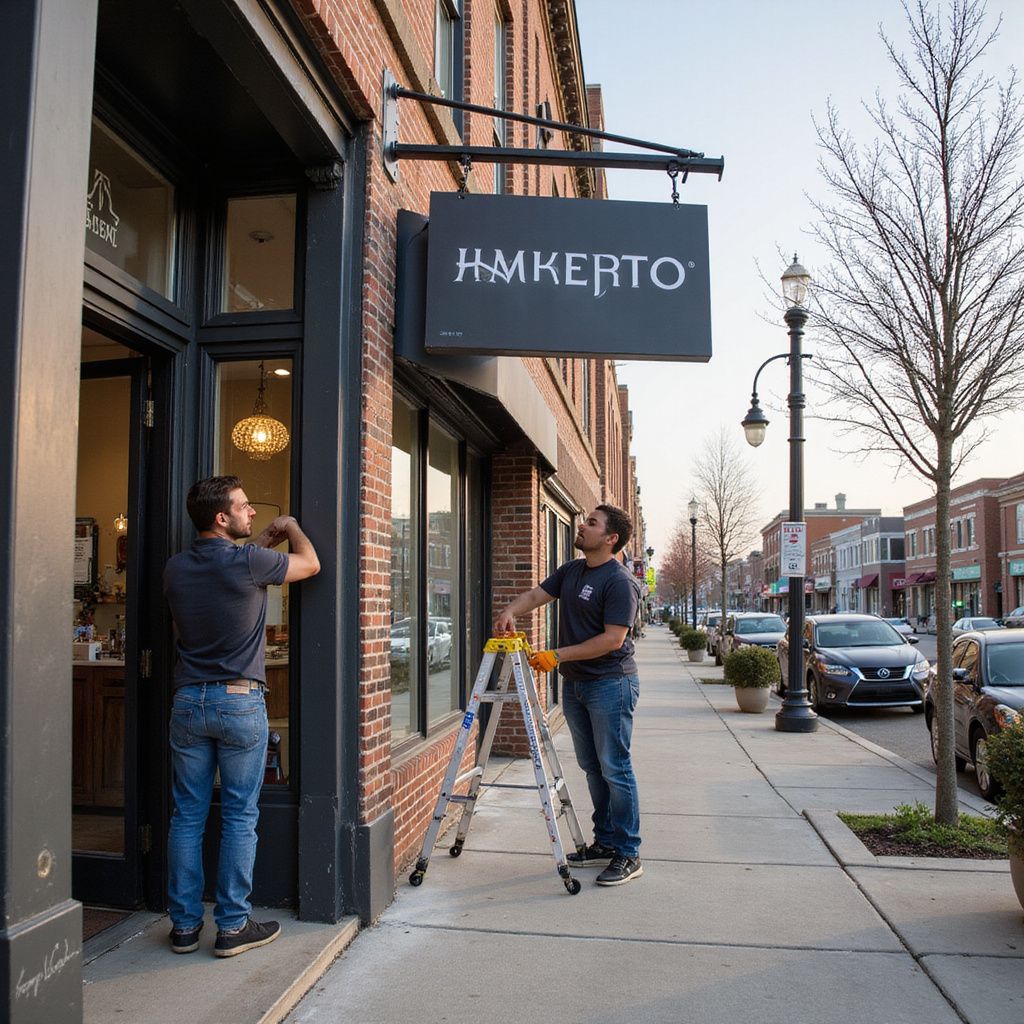 Two men installing a sign on a brick building; the sign reads "Amkerto".