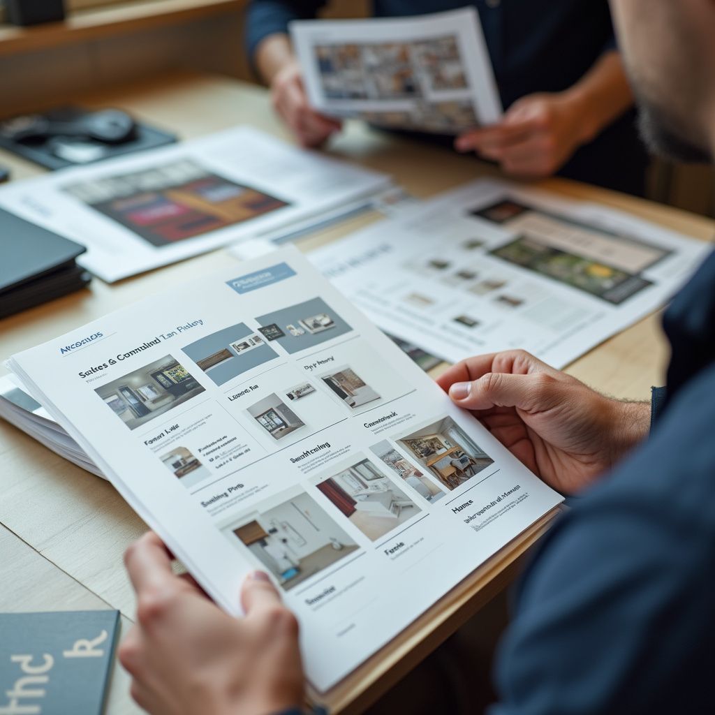 Two people reviewing printed documents at a table. One holds a brochure with interior design images.